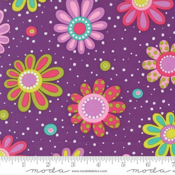Image of Pick Me Flower Power Bloom Grape quilting cotton fabric by Me and My Sister Designs for Moda Fabrics. Features flowers on a purple background. Cute Little Fabric Shop