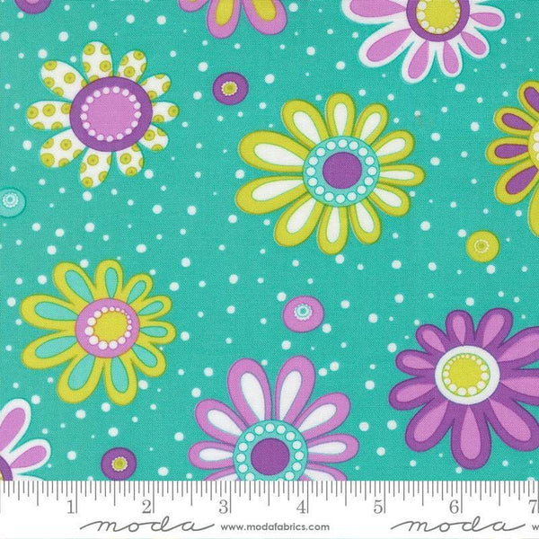 Image of Pick Me Flower Power Bloom Aqua quilting cotton fabric by Me and My Sister Designs for Moda Fabrics. Features flowers on a blue background. Cute Little Fabric Shop