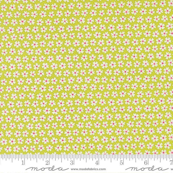 Image of Pick Me Pocket of Posies Small Lime quilting cotton fabric by Me and My Sister Designs for Moda Fabrics. Features flowers on a green background. Cute Little Fabric Shop