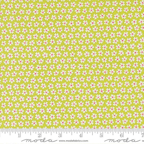 Image of Pick Me Pocket of Posies Small Lime quilting cotton fabric by Me and My Sister Designs for Moda Fabrics. Features flowers on a green background. Cute Little Fabric Shop