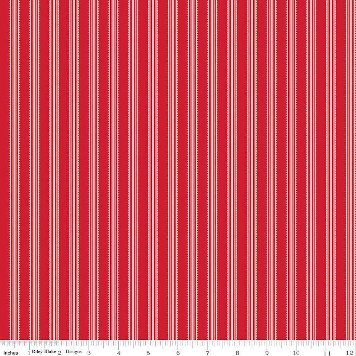 Image of Letters to Cupid Stripes Red quilting cotton fabric by My Mind's Eye for Riley Blake Designs. Features stripes on a red background. Cute Little Fabric Shop