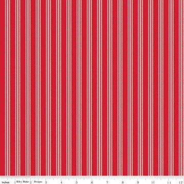 Image of Letters to Cupid Stripes Red quilting cotton fabric by My Mind's Eye for Riley Blake Designs. Features stripes on a red background. Cute Little Fabric Shop