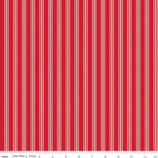 Image of Letters to Cupid Stripes Red quilting cotton fabric by My Mind's Eye for Riley Blake Designs. Features stripes on a red background. Cute Little Fabric Shop