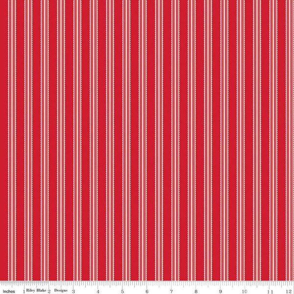 Image of Letters to Cupid Stripes Red quilting cotton fabric by My Mind&#39;s Eye for Riley Blake Designs. Features stripes on a red background. Cute Little Fabric Shop
