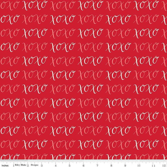 Image of Letters to Cupid XOXO Red quilting cotton fabric by My Mind's Eye for Riley Blake Designs. Features writing on a red background. Cute Little Fabric Shop