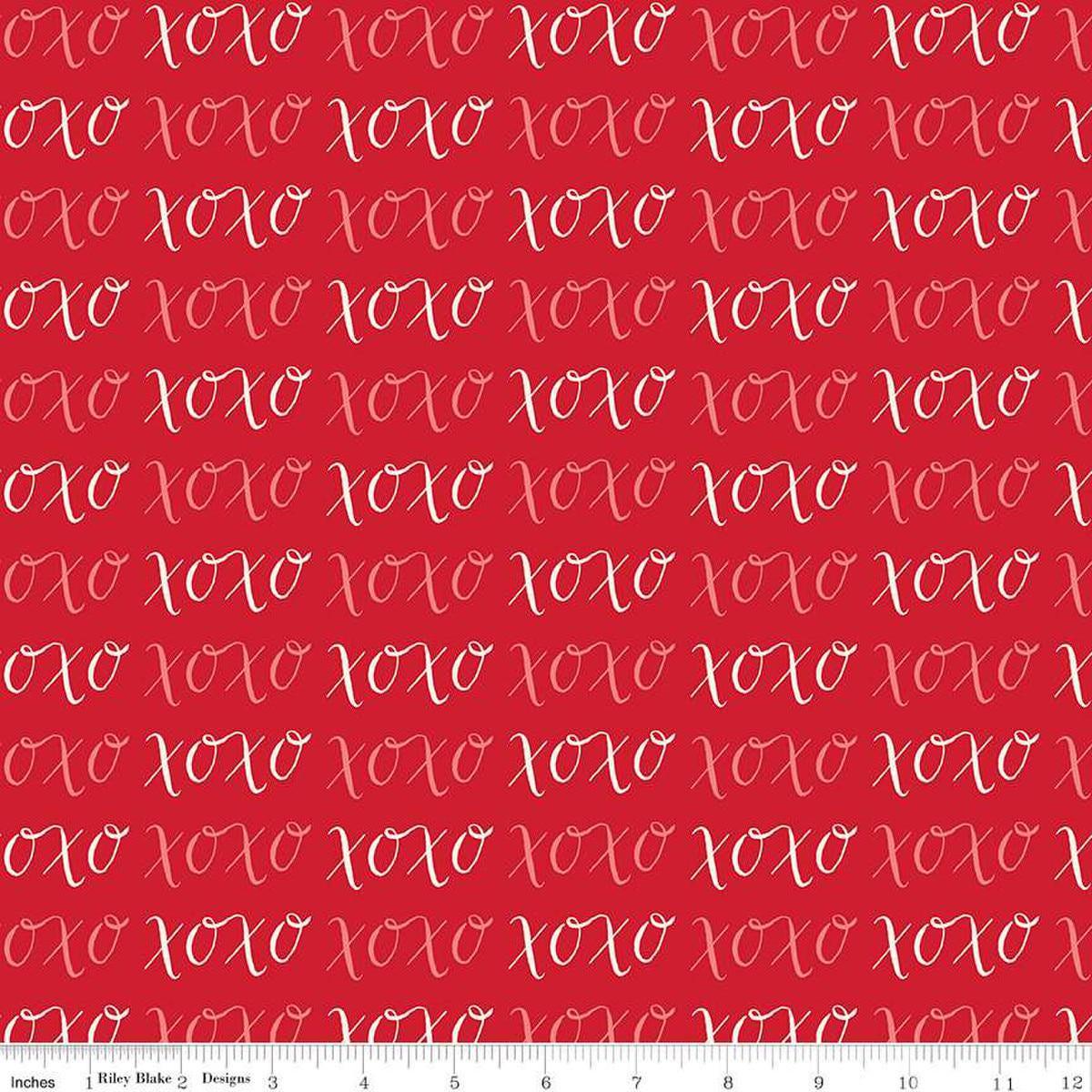 Image of Letters to Cupid XOXO Red quilting cotton fabric by My Mind's Eye for Riley Blake Designs. Features writing on a red background. Cute Little Fabric Shop