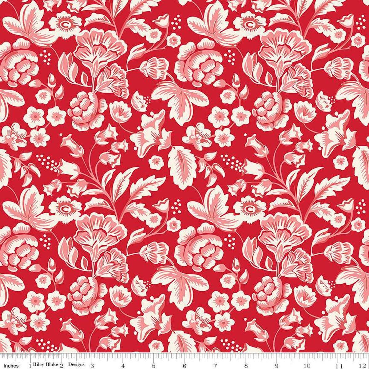 Image of Letters to Cupid Main Red quilting cotton fabric by My Mind's Eye for Riley Blake Designs. Features flowers on a red background. Cute Little Fabric Shop