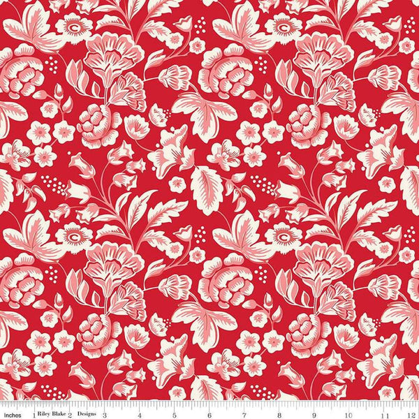 Image of Letters to Cupid Main Red quilting cotton fabric by My Mind&#39;s Eye for Riley Blake Designs. Features flowers on a red background. Cute Little Fabric Shop
