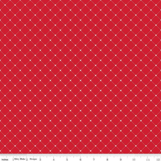Image of Letters to Cupid Crisscross Red quilting cotton fabric by My Mind's Eye for Riley Blake Designs. Features lines on a red background. Cute Little Fabric Shop