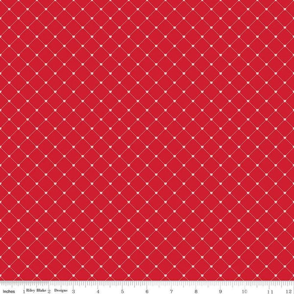 Image of Letters to Cupid Crisscross Red quilting cotton fabric by My Mind&#39;s Eye for Riley Blake Designs. Features lines on a red background. Cute Little Fabric Shop
