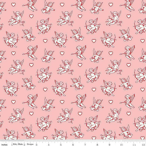 Image of Letters to Cupid Cupids Pink quilting cotton fabric by My Mind&#39;s Eye for Riley Blake Designs. Features cupids on a pink background. Cute Little Fabric Shop