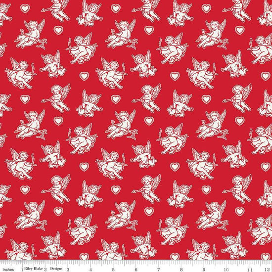 Image of Letters to Cupid Cupids Red quilting cotton fabric by My Mind's Eye for Riley Blake Designs. Features cupids on a red background. Cute Little Fabric Shop