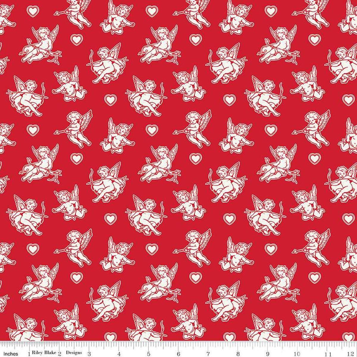 Image of Letters to Cupid Cupids Red quilting cotton fabric by My Mind's Eye for Riley Blake Designs. Features cupids on a red background. Cute Little Fabric Shop