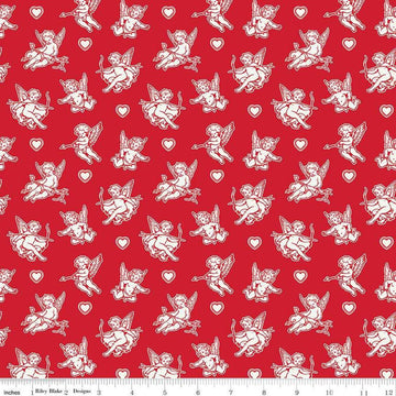 Image of Letters to Cupid Cupids Red quilting cotton fabric by My Mind's Eye for Riley Blake Designs. Features cupids on a red background. Cute Little Fabric Shop