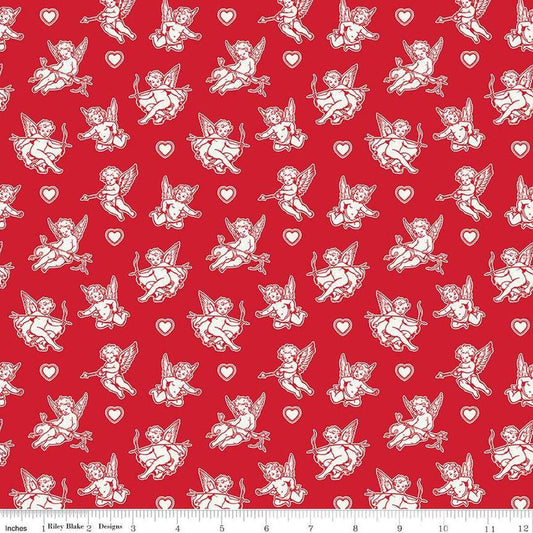 Image of Letters to Cupid Cupids Red quilting cotton fabric by My Mind's Eye for Riley Blake Designs. Features cupids on a red background. Cute Little Fabric Shop