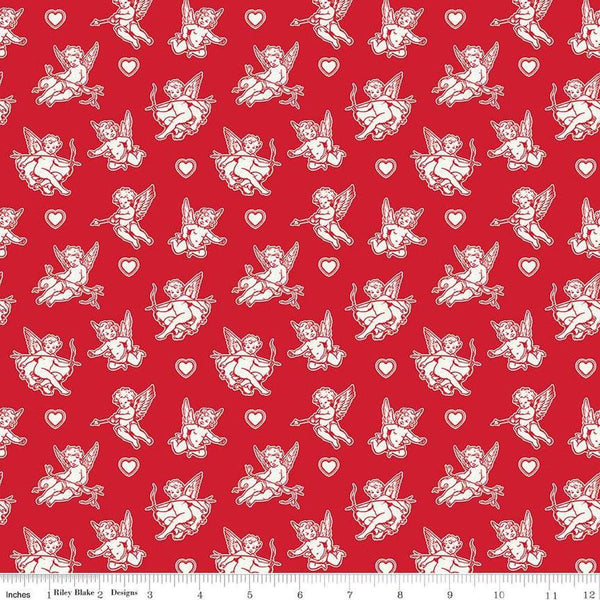 Image of Letters to Cupid Cupids Red quilting cotton fabric by My Mind&#39;s Eye for Riley Blake Designs. Features cupids on a red background. Cute Little Fabric Shop