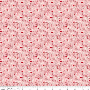 Image of Letters to Cupid Ditsy Floral Pink quilting cotton fabric by My Mind's Eye for Riley Blake Designs. Features flowers on a pink background. Cute Little Fabric Shop