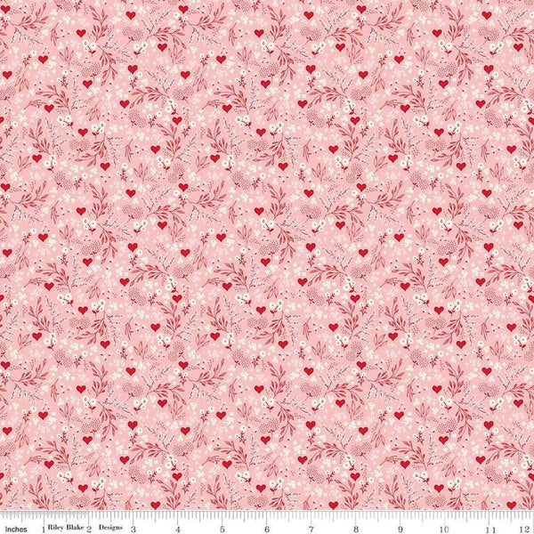 Image of Letters to Cupid Ditsy Floral Pink quilting cotton fabric by My Mind&#39;s Eye for Riley Blake Designs. Features flowers on a pink background. Cute Little Fabric Shop