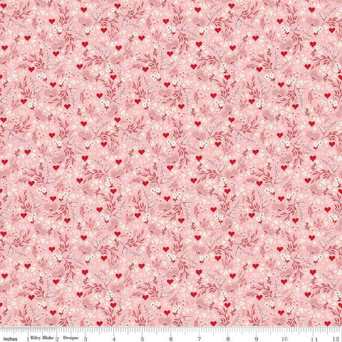 Image of Letters to Cupid Ditsy Floral Pink quilting cotton fabric by My Mind&#39;s Eye for Riley Blake Designs. Features flowers on a pink background. Cute Little Fabric Shop