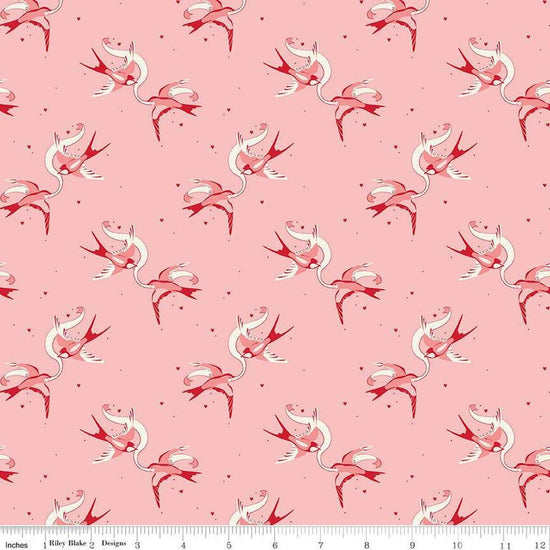 Image of Letters to Cupid Love Birds Pink quilting cotton fabric by My Mind's Eye for Riley Blake Designs. Features birds on a pink background. Cute Little Fabric Shop
