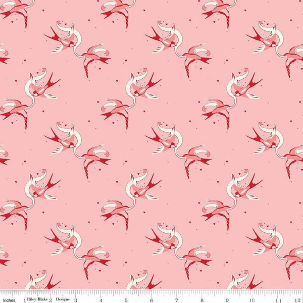 Image of Letters to Cupid Love Birds Pink quilting cotton fabric by My Mind&#39;s Eye for Riley Blake Designs. Features birds on a pink background. Cute Little Fabric Shop