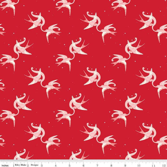 Image of Letters to Cupid Love Birds Red quilting cotton fabric by My Mind's Eye for Riley Blake Designs. Features birds on a red background. Cute Little Fabric Shop