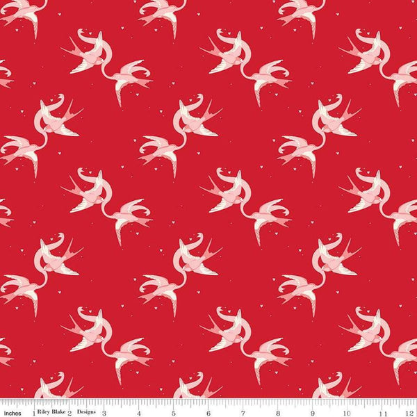 Image of Letters to Cupid Love Birds Red quilting cotton fabric by My Mind&#39;s Eye for Riley Blake Designs. Features birds on a red background. Cute Little Fabric Shop