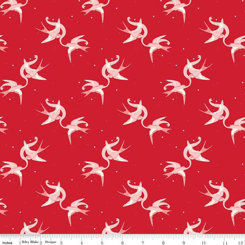Image of Letters to Cupid Love Birds Red quilting cotton fabric by My Mind&#39;s Eye for Riley Blake Designs. Features birds on a red background. Cute Little Fabric Shop