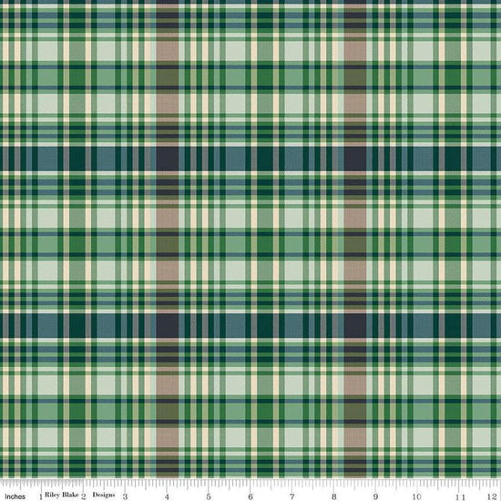 Image of Plaid-Venture Club Fisher Green quilting cotton fabric by by the RBD Designers for Riley Blake Designs. Features plaid on a green background. Cute Little Fabric Shop
