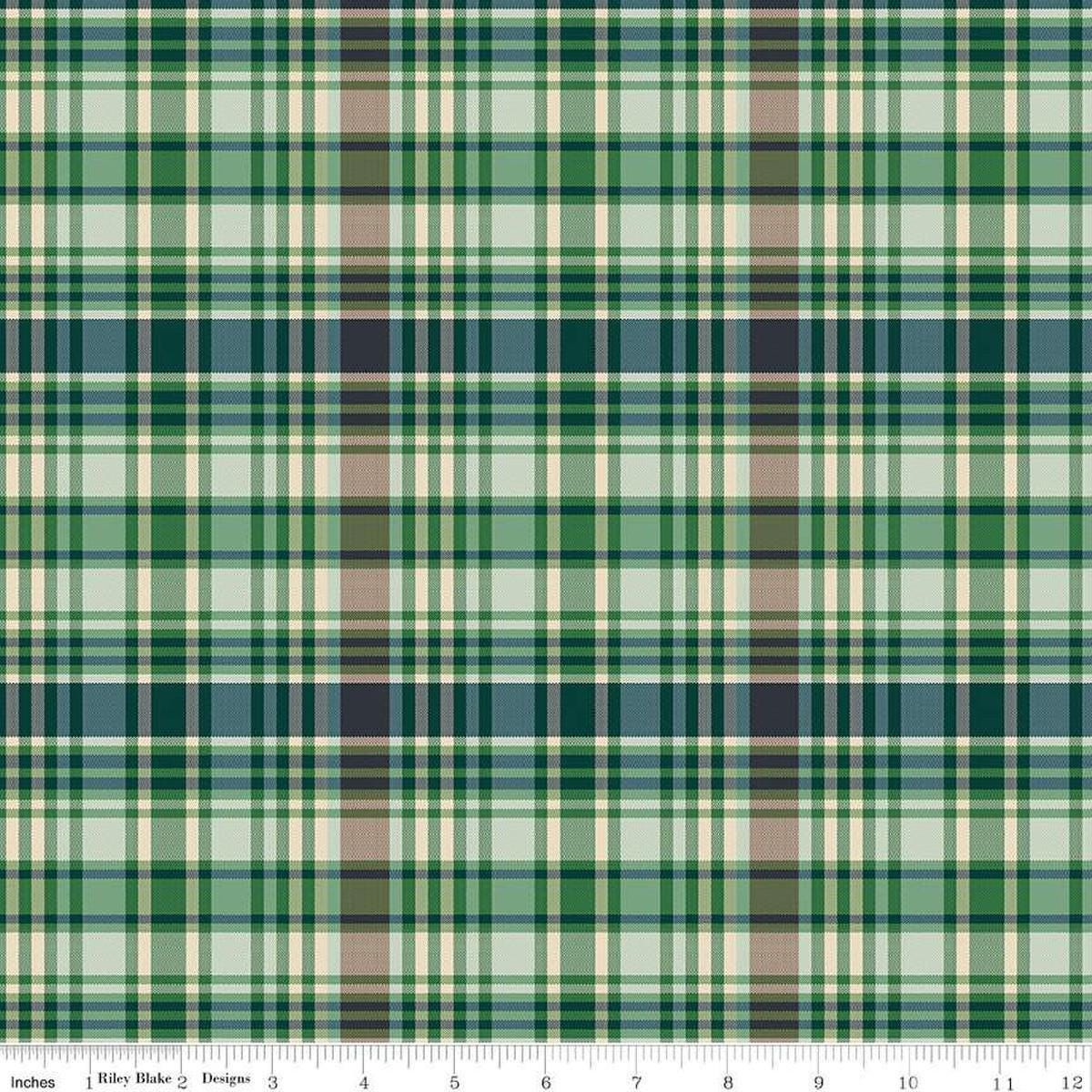 Image of Plaid-Venture Club Fisher Green quilting cotton fabric by by the RBD Designers for Riley Blake Designs. Features plaid on a green background. Cute Little Fabric Shop