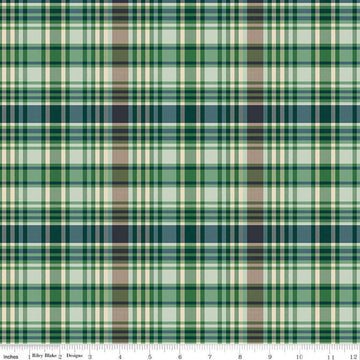 Image of Plaid-Venture Club Fisher Green quilting cotton fabric by by the RBD Designers for Riley Blake Designs. Features plaid on a green background. Cute Little Fabric Shop