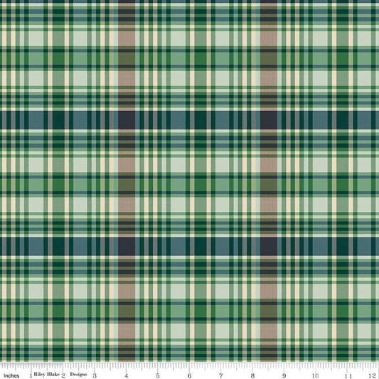Image of Plaid-Venture Club Fisher Green quilting cotton fabric by by the RBD Designers for Riley Blake Designs. Features plaid on a green background. Cute Little Fabric Shop