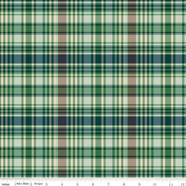 Image of Plaid-Venture Club Fisher Green quilting cotton fabric by by the RBD Designers for Riley Blake Designs. Features plaid on a green background. Cute Little Fabric Shop