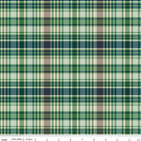 Image of Plaid-Venture Club Fisher Green quilting cotton fabric by by the RBD Designers for Riley Blake Designs. Features plaid on a green background. Cute Little Fabric Shop