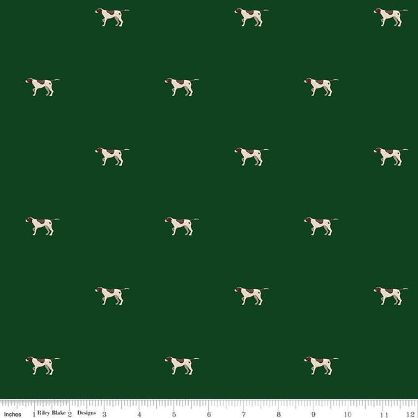 Image of Plaid-Venture Club Pointers Forest quilting cotton fabric by by the RBD Designers for Riley Blake Designs. Features dogs on a green background. Cute Little Fabric Shop