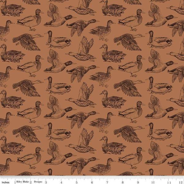 Image of Plaid-Venture Club Ducks Nutmeg quilting cotton fabric by by the RBD Designers for Riley Blake Designs. Features birds on a brown background. Cute Little Fabric Shop