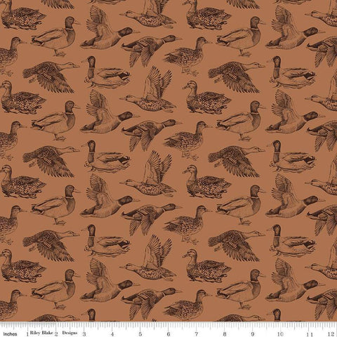 Image of Plaid-Venture Club Ducks Nutmeg quilting cotton fabric by by the RBD Designers for Riley Blake Designs. Features birds on a brown background. Cute Little Fabric Shop