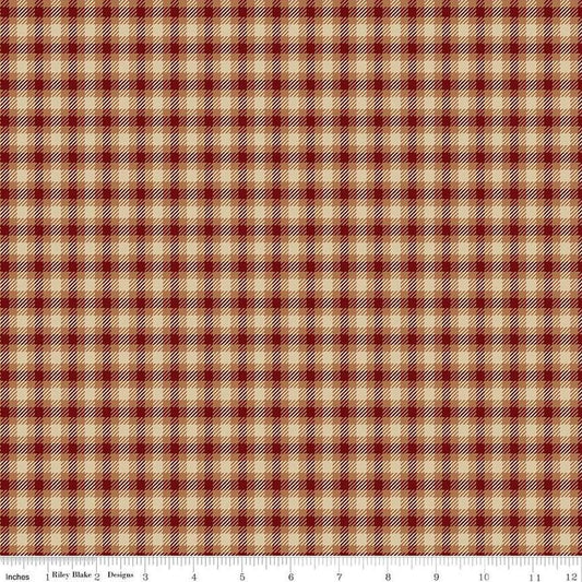 Image of Plaid-Venture Club Scout Mahogany quilting cotton fabric by by the RBD Designers for Riley Blake Designs. Features plaid on a red background. Cute Little Fabric Shop