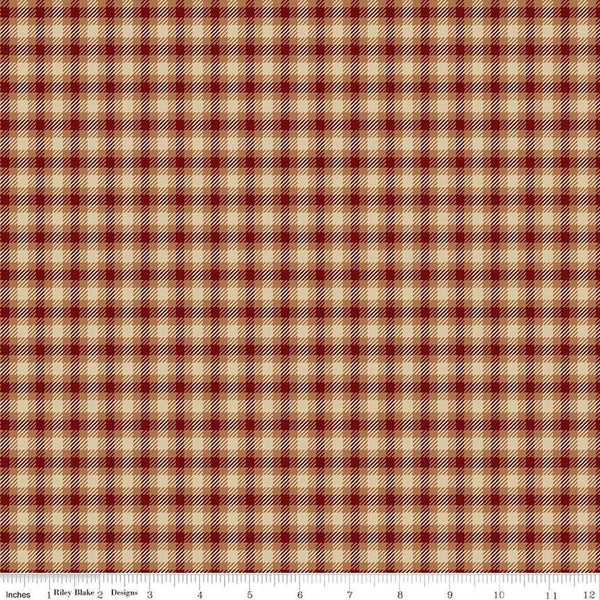 Image of Plaid-Venture Club Scout Mahogany quilting cotton fabric by by the RBD Designers for Riley Blake Designs. Features plaid on a red background. Cute Little Fabric Shop