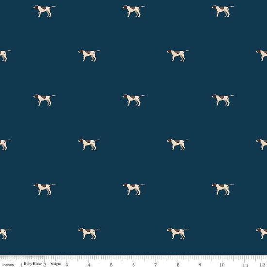 Image of Plaid-Venture Club Pointers Navy quilting cotton fabric by by the RBD Designers for Riley Blake Designs. Features dogs on a blue background. Cute Little Fabric Shop