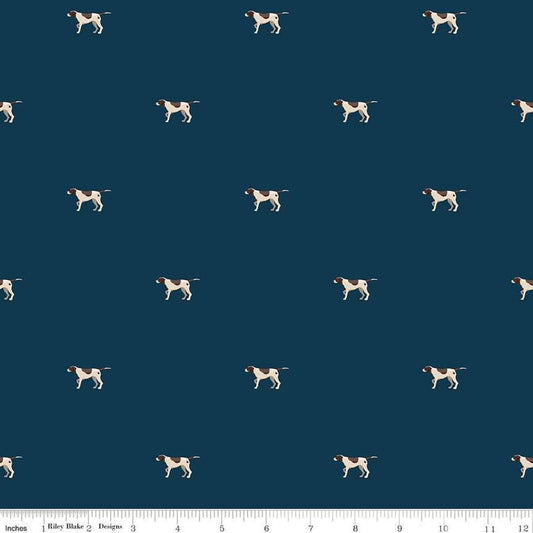 Image of Plaid-Venture Club Pointers Navy quilting cotton fabric by by the RBD Designers for Riley Blake Designs. Features dogs on a blue background. Cute Little Fabric Shop