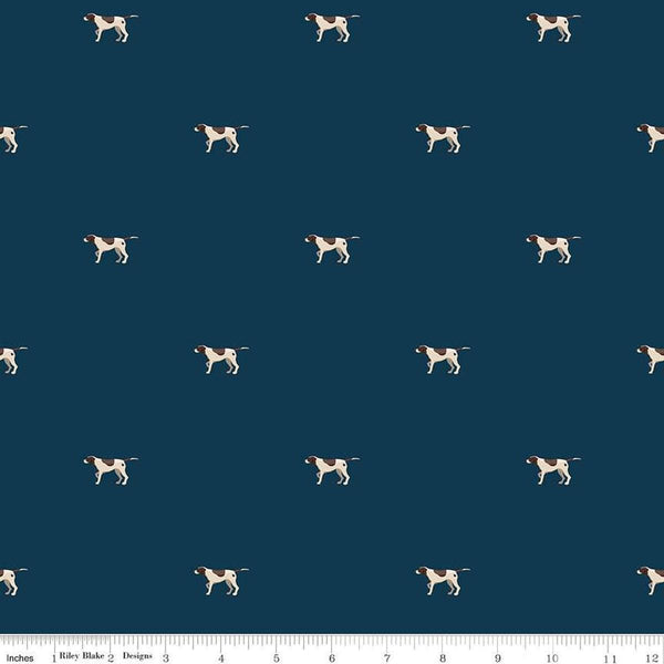 Image of Plaid-Venture Club Pointers Navy quilting cotton fabric by by the RBD Designers for Riley Blake Designs. Features dogs on a blue background. Cute Little Fabric Shop