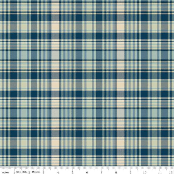 Image of Plaid-Venture Club Fisher Blue quilting cotton fabric by by the RBD Designers for Riley Blake Designs. Features plaid on a blue background. Cute Little Fabric Shop