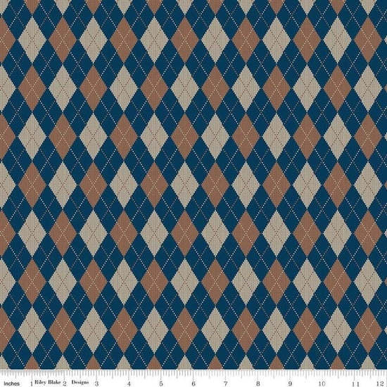 Image of Plaid-Venture Club Archer Navy quilting cotton fabric by by the RBD Designers for Riley Blake Designs. Features argyle on a blue background. Cute Little Fabric Shop