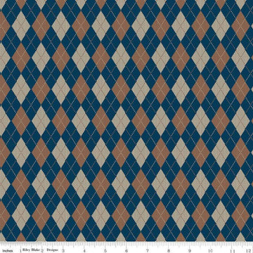 Image of Plaid-Venture Club Archer Navy quilting cotton fabric by by the RBD Designers for Riley Blake Designs. Features argyle on a blue background. Cute Little Fabric Shop