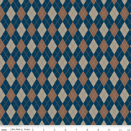 Image of Plaid-Venture Club Archer Navy quilting cotton fabric by by the RBD Designers for Riley Blake Designs. Features argyle on a blue background. Cute Little Fabric Shop