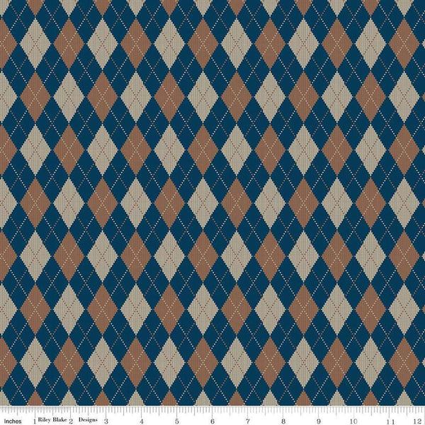 Image of Plaid-Venture Club Archer Navy quilting cotton fabric by by the RBD Designers for Riley Blake Designs. Features argyle on a blue background. Cute Little Fabric Shop