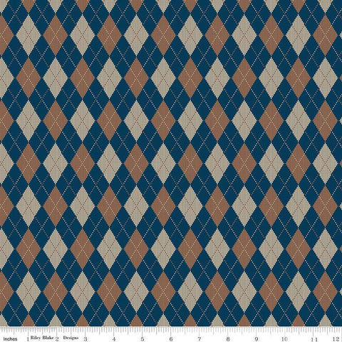 Image of Plaid-Venture Club Archer Navy quilting cotton fabric by by the RBD Designers for Riley Blake Designs. Features argyle on a blue background. Cute Little Fabric Shop