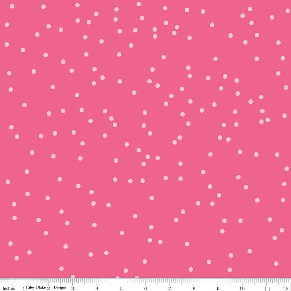 Image of On The Dot Watermelon quilting cotton fabric by Sew Yeah Quilting for Riley Blake Designs. Features dots on a pink background. Cute Little Fabric Shop
