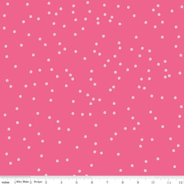 Image of On The Dot Watermelon quilting cotton fabric by Sew Yeah Quilting for Riley Blake Designs. Features dots on a pink background. Cute Little Fabric Shop